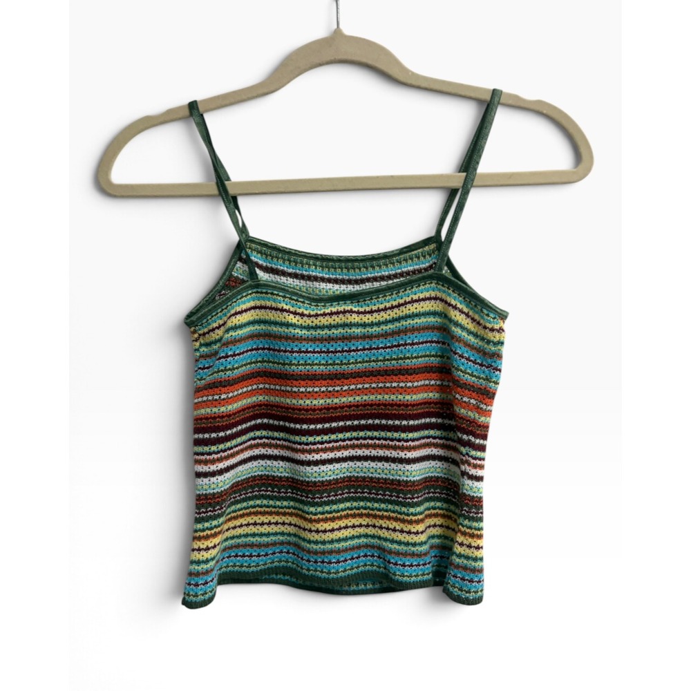 It's Our Time 90s Striped Knit Cami Green Multicolor Tank Top Crochet Strappy S